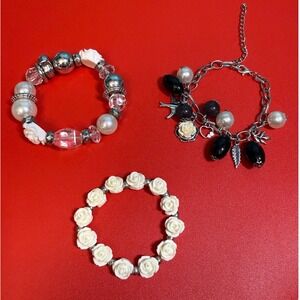 Floral Rose Charm & Stretch Bracelet Set Coquette Cottagecore Jewelry 3 Pieces